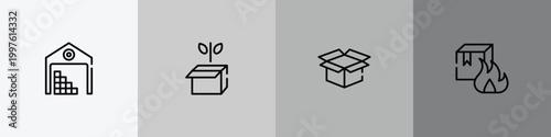 shipping and handly outline icon set featuring stack in deposite, green logistics, delivery package opened, flammable box icons.
