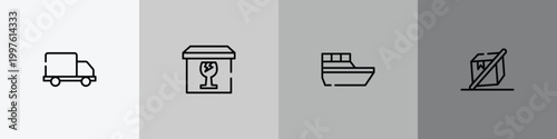 shipping and handly outline icon set featuring free delivery truck, cardboard box with glasses, sea ship, do not tilt icons.