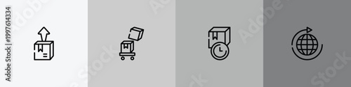 global logistic outline icon set featuring delivery box, overflow, receiving time, distribution icons.