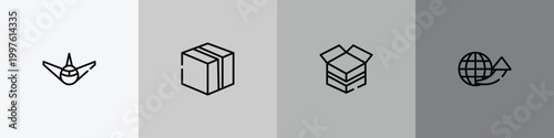logistics delivery outline icon set featuring air transport, closed cardboard box, open cardboard box, international delivery icons.