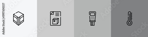 shipping and handly outline icon set featuring wooden crate, dispatch note, payment terminal, temperature limitation icons.