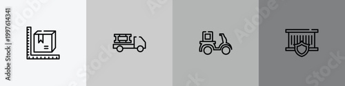 shipping and delivery outline icon set featuring parcel size, materials logistics, delivery courier, delivery insurance icons.