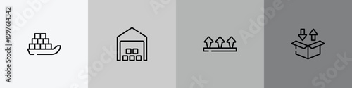 logistics delivery outline icon set featuring sea ship with containers, distribution center, this side up, delivery packaging box icons.