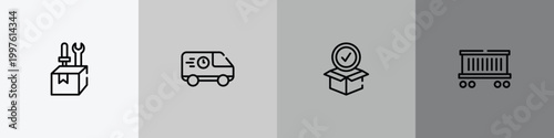 logistics outline icon set featuring construction and tools, food logistics, package for delivery, cargo train icons.