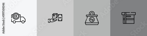 boxes outline icon set featuring european conformancy, cash on delivery, kilogram, small cardboard box icons.