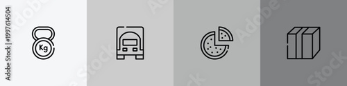 boxes outline icon set featuring weight tool, frontal truck, pizzas, closed cardboard box with packing tape icons.