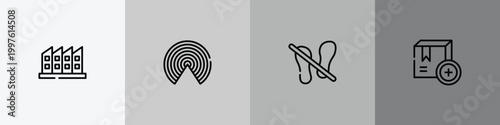 delivery outline icon set featuring manufacturing plant, airdrop, do not stand on, add package icons.