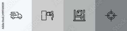 shipping and handly outline icon set featuring fast transport, doorstep, asrs, centre of gravity icons.
