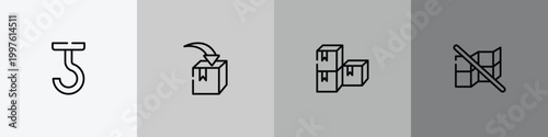shipping and handly outline icon set featuring use hooks, put in box, stack package, do not stack icons.