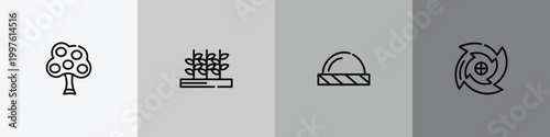 season outline icon set featuring tree, crops, beanie, cyclone icons.