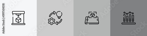 general outline icon set featuring 3d printing, implementation, ar presentation, business performance icons.