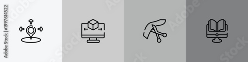 general outline icon set featuring coordinate, 3d modeling, inauguration, distance learning icons.