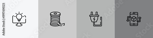 general outline icon set featuring business intelligence, filament, electric plug, ar app icons.