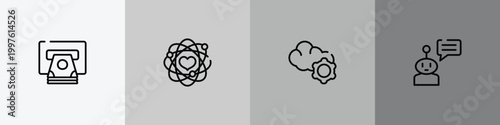 general outline icon set featuring atm cash, core values, cloud service, chat bot icons.