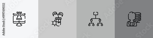 general outline icon set featuring digital strategy, biotechnology, information architecture, big data scientist icons.