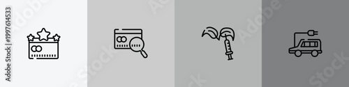 general outline icon set featuring credit rating, credit score, gmo, electro car icons.