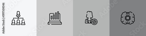general outline icon set featuring hr strategy, info chart, impeachment, future technology icons.