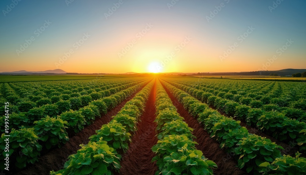 Obraz premium Vast green potato rows stretch to horizon under golden summer sunset sky. Agricultural farmland shows perfect neat lines of growing crops. Organic farming practices ensure healthy plant produce for