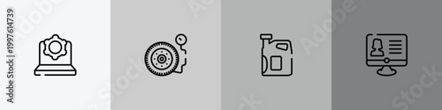general outline icon set featuring information technology, inflate tire, engine oil, hr software icons.