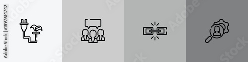 general outline icon set featuring biomass energy, group opinion, chain, hr services icons.