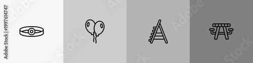 general outline icon set featuring head mirror, floating balloons, stepladder, picnic table with basket icons.