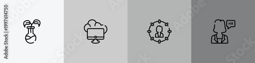 general outline icon set featuring bio technology, edge computing, direct marketing, hr manager icons.
