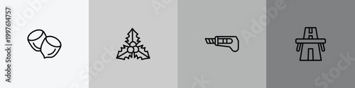 general outline icon set featuring nuts, mistletoe leaves, stationery knife, bridge on avenue perspective icons.