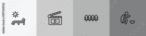general outline icon set featuring deck chair under the sun, fragments, wooden fence, poor icons.