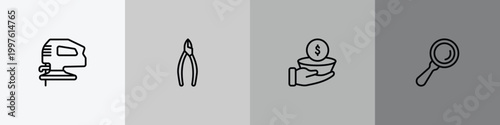 general outline icon set featuring fretsaw, nippers, poverty, magnifiying glass icons.