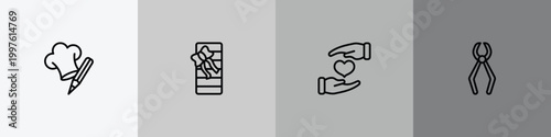 general outline icon set featuring chef hat with a pencil, birthday present, heart between hands, nail puller icons.