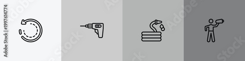 general outline icon set featuring clockwise, perforator, hose with drops, leader with loudspeaker icons.