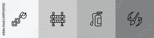 general outline icon set featuring live paint, traffic barriers, fire estinguisher, history brush icons.