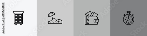 general outline icon set featuring office cabinet, sand, card wallet, analog stopwatch icons.