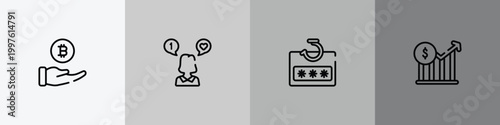 general outline icon set featuring initial coin offering, social media specialist, password phishing, stock prices icons.