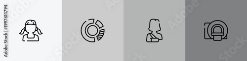 general outline icon set featuring teenager, market share, shoulder immobilizer, mri scanner icons.