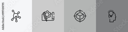 general outline icon set featuring organism, prototyping, model preparation, inspiration icons.