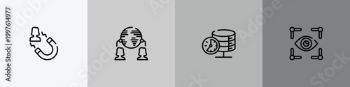 general outline icon set featuring user attraction, outsourcing, real time data, trackability icons.