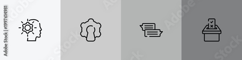 general outline icon set featuring realization, open source, text chat, referendum icons.