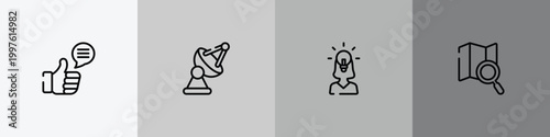 general outline icon set featuring social campaign, satellite antenna, team leader, map search icons.