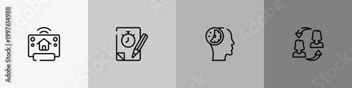 general outline icon set featuring smart home hub, quiz, patience, on coaching icons.
