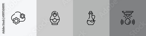 general outline icon set featuring saas, matryoshka, massage oil, water sensor icons.