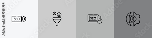 seo and marketing outline icon set featuring seo label, conversion, seo tag, finances icons.