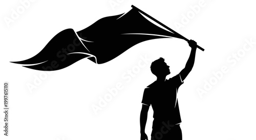 Fotografía Silhouette of a man waving a flag in protest or victory.