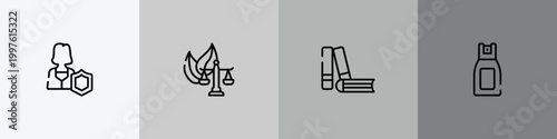 law and justice outline icon set featuring custody, environmental law, practise areas, pepper spray icons.