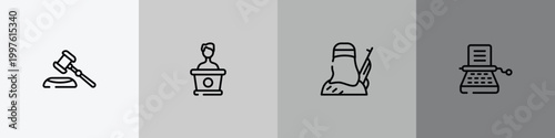 law and justice outline icon set featuring gavel, counsel, , stenographer icons.