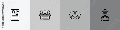law and justice outline icon set featuring criminal record, jury, police hat, icons.