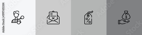 law and justice outline icon set featuring criminal, crime letter, bargain, bribery icons.