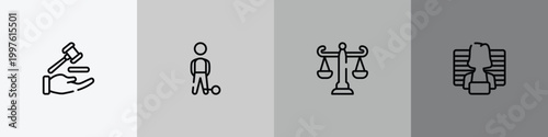 law and justice outline icon set featuring qualified protection, convict, adminstrative law, prisoner icons.