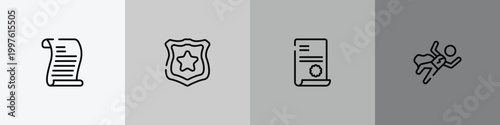 law and justice outline icon set featuring scroll with law, police badge, contract law, crime scene icons.