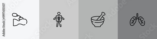 in the hospital outline icon set featuring breathing rescue, x ray of a man, medicines bowl, lungs organ icons.
